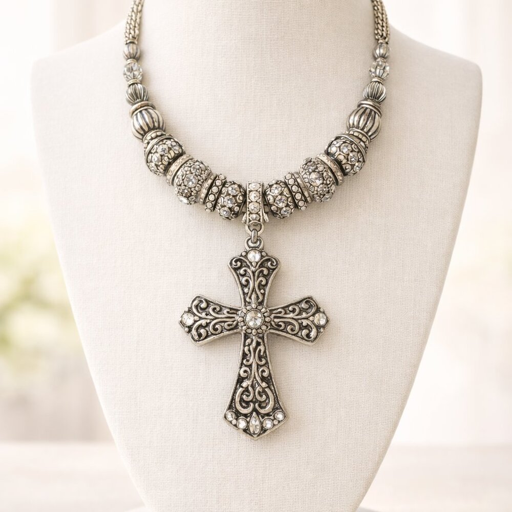 Beautiful Silver-Tone Ornate Cross Pendant Necklace - Silver with Rhinestones